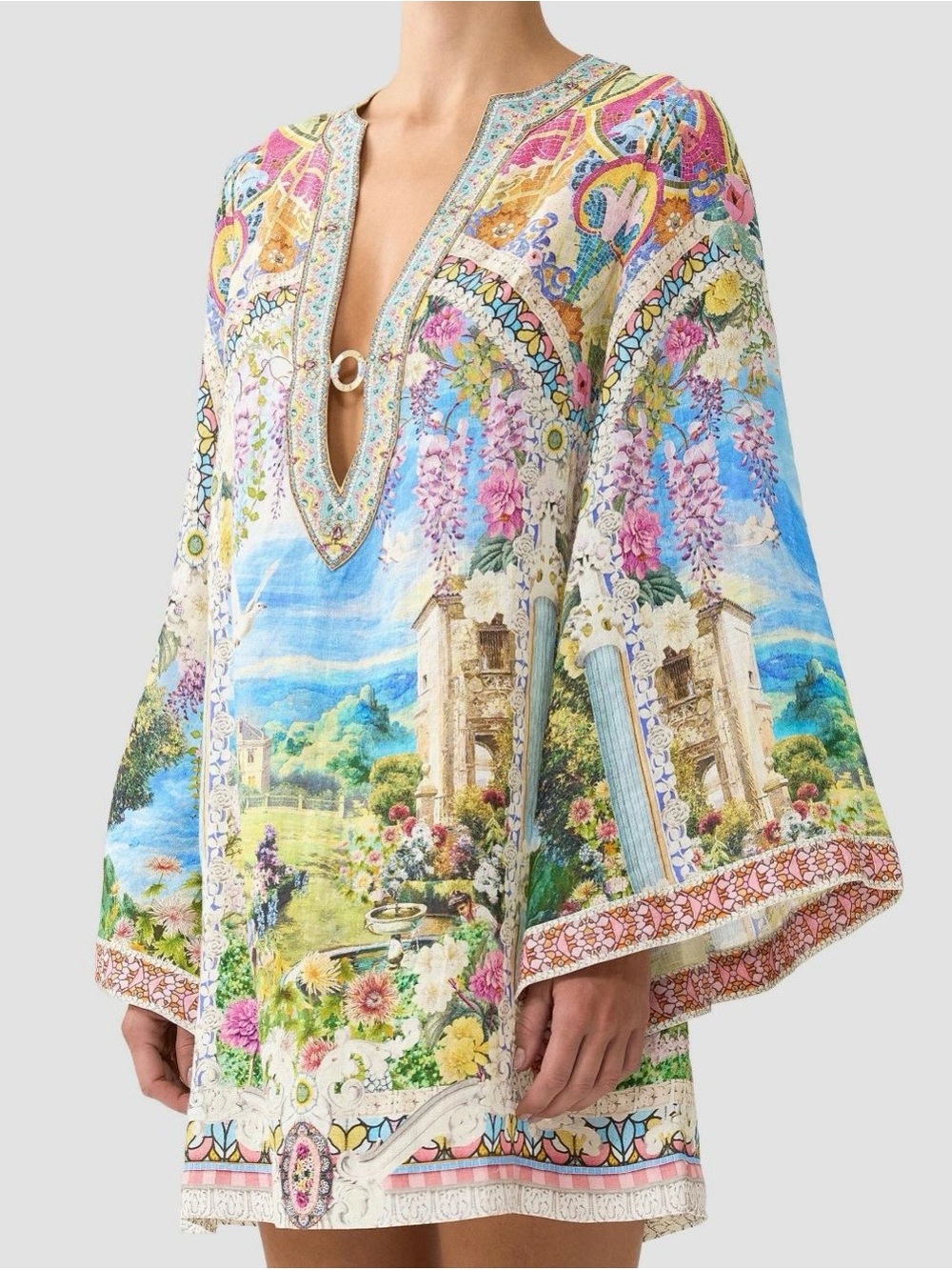 Camilla Navas Nouveau Deep V-Neck Hardware Short Linen Caftan NWT - Picture 3 of 4